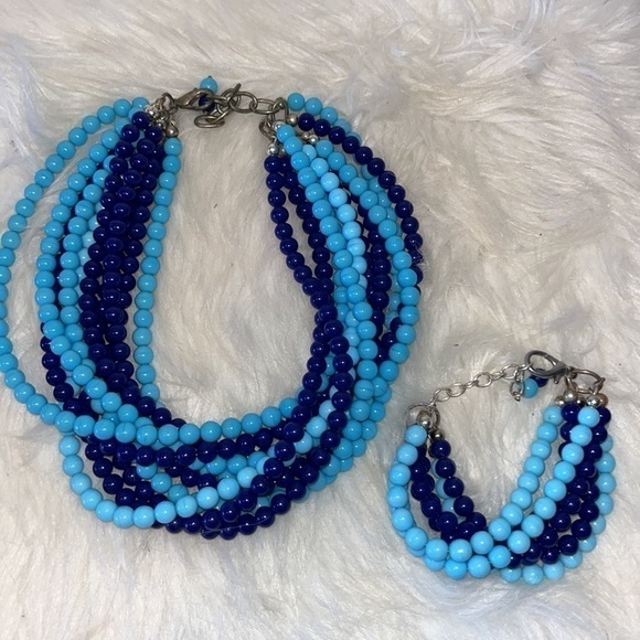 Beautiful blue glass bead chunky multi strand statement necklace/bracelet set - Picture 3 of 13